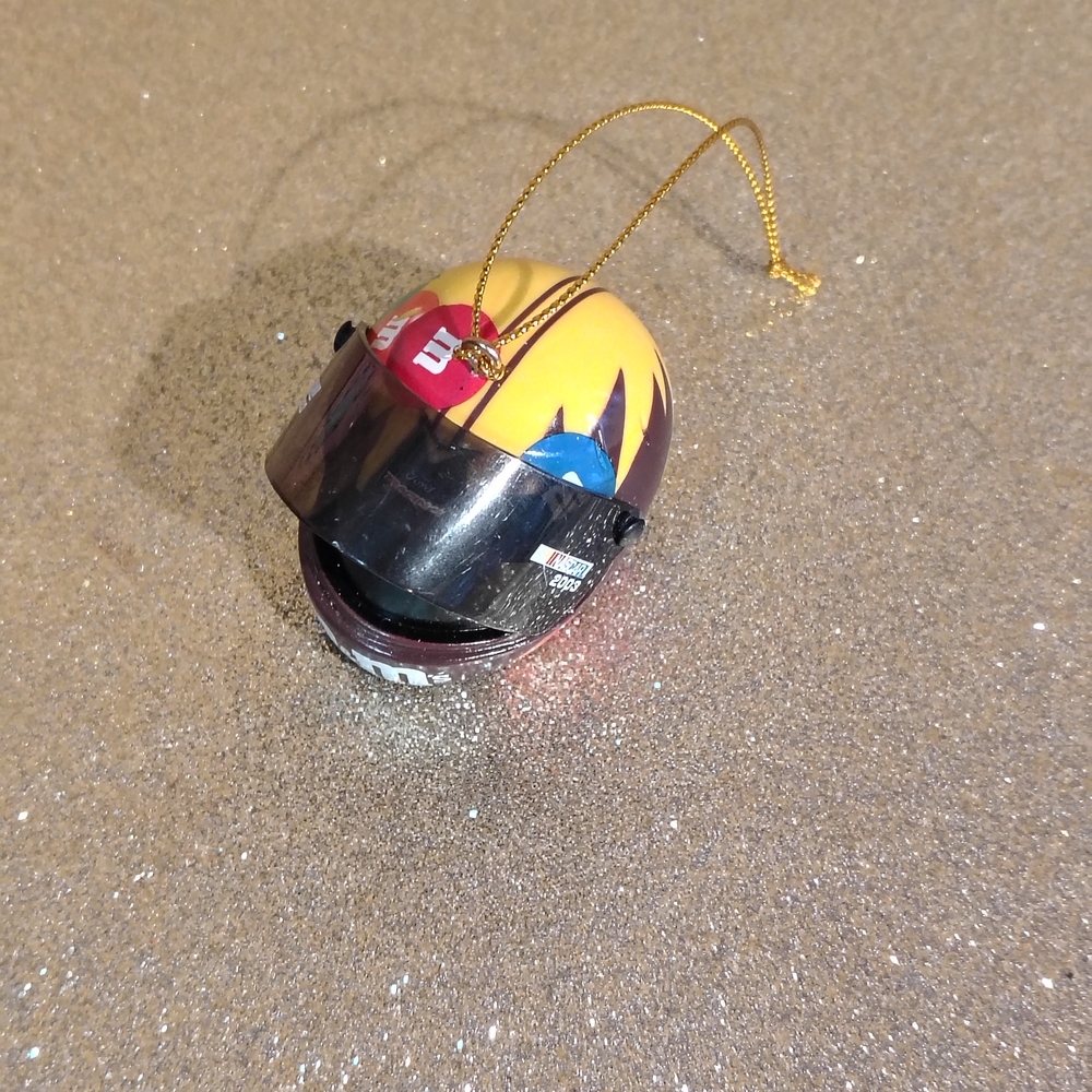 Nascar Yellow Helmet Ornament with Red Green Blue M&M Decals - Picture 2 of 4